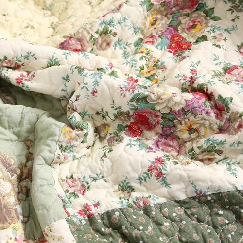 vctops 100% Cotton Quilted Throw Blanket 50x60 Inch Floral Patchwork Reversible All Season Throw (Green B,50"x60") - color: Green B