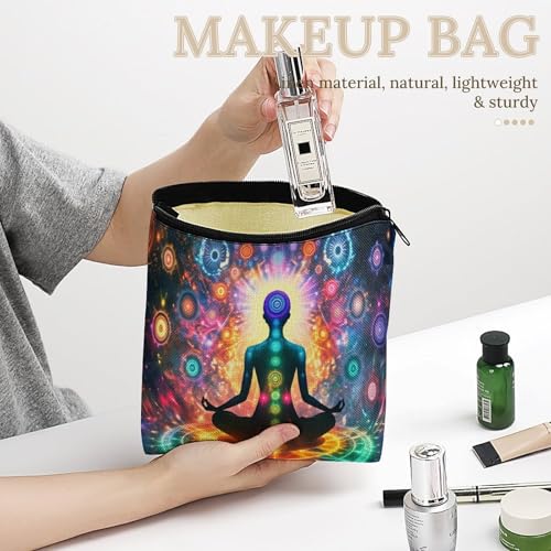 Chakra Meditation Large Capacity Linen Cosmetic Bag with Zipper for Women, Sturdy Durable Makeup Travel Bag for Toiletries Trip Organization