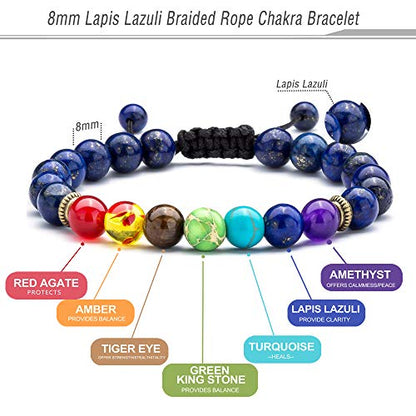 Men Women 8mm Lava Rock Beads Chakra Bracelet Braided Rope Natural Stone Yoga Bracelet Bangle - color: Lapis lazul-21004