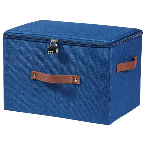 Storage Bins Boxes with Zipper Lid Combination Lock PU Leather Handles Cotton Linen Fabric Lidded Lockable Baskets Foldable Washable Closet Shelf Organizer Container (Deep Blue, Large) - color: Deep Blue, size: Large ( Set of 1 )