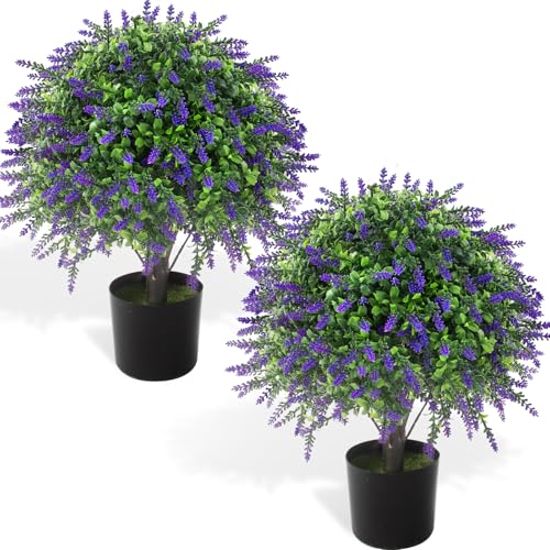 2 Pcs Artificial Lavender Topiary Ball Trees Potted Plants, UV Resistant Fake Lavender Topiary Plant Purple Trees for Garden, Front Door Porch and Outdoor Decor (Purple, M)
