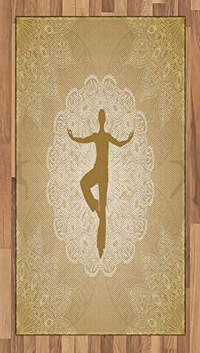 Ambesonne Yoga Area Rug, Authentic Mandala Inspired Composition Man Posture Asana Meditation Print, Flat Woven Accent Rug for Living Room Bedroom Dining Room, 2.6 x 5 FT, Sand Brown Gold White