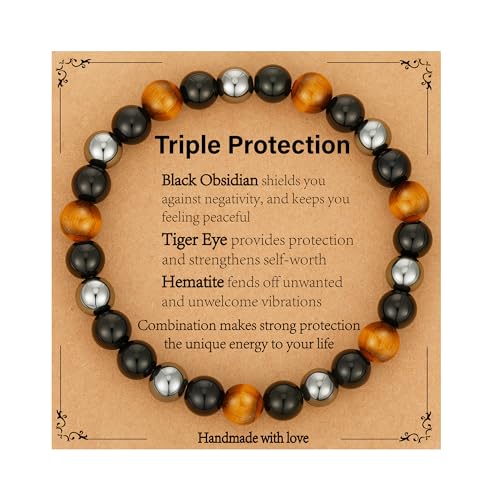 Gnamy Crystal Bracelet Gifts for Men Him- Triple Protection Hematite Black Obsidian Tiger Eye Gemstone Beaded Bracelets Birthday Healing Jewelry Gifts - style: Style 6