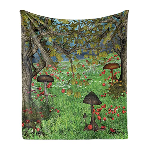 Lunarable Woodland Soft Flannel Fleece Throw Blanket, Scene from The Forest Mushrooms Flowers and Tree Branches, Cozy Plush for Indoor and Outdoor Use, 50" x 60", White Brown - color: White Brown, size: 50" x 60"
