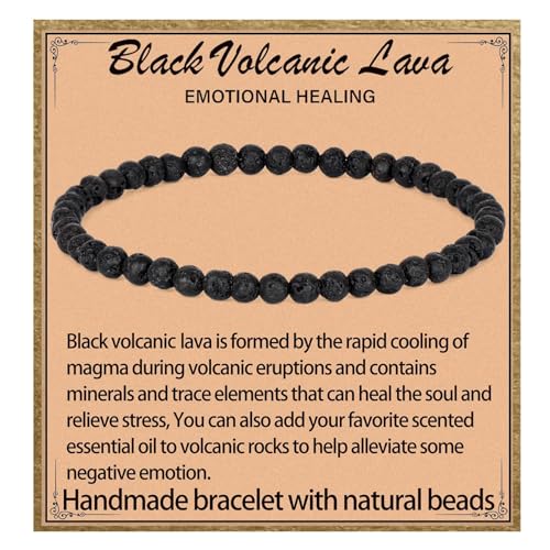 LPBeads Handmade Natural Gemstone Stretch Elastic Bracelet Healing Crystal Round Stone Beads Jewelry Gifts for Women Men - color: Black Lava, size: 4mm