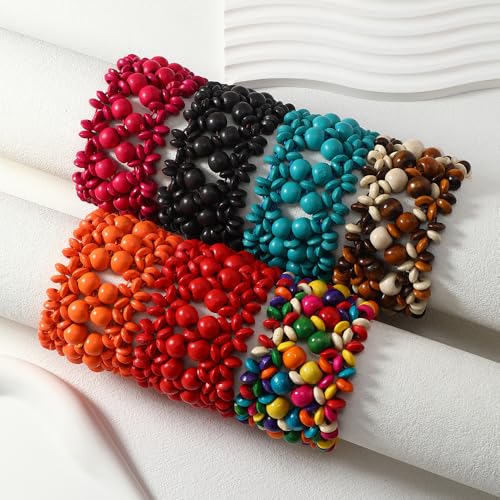 Bohemian Wooden Bead Bracelets Boho Colorful Handmade Elastic Stretch Bracelets Design for Women Summer Beach Festival Jewelry - color: Pink