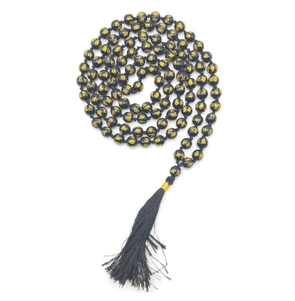GEMSCITE Japa Mala 108 Prayer Beads Perfect for Meditation Spiritual Mala Necklace & Wrist Mala Bracelet - color: Black Agate (Om), size: Hand Knotted