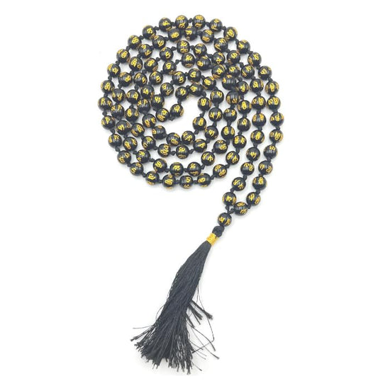 GEMSCITE Japa Mala 108 Prayer Beads Perfect for Meditation Spiritual Mala Necklace & Wrist Mala Bracelet - color: Black Agate (Om), size: Hand Knotted