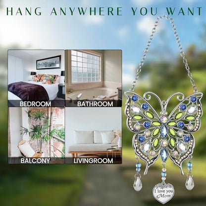 Butterfly Rhinestones Hanging Ornaments Charm Mom Wind Chime Ornament Charm with Metal Heart Gifts for Mom, Grandma, Aunt, Birthday (Blue)