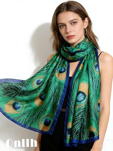 Large Shawl Scarf For Women Lightweight Wraps Silky Headscarf Long Sunscreen Scarfs - color: T23 Green Peacock Print / 70"x 35"