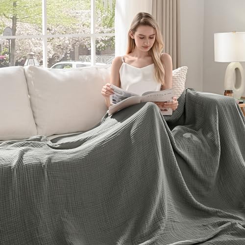 Esterra Muslin Throw Blanket 50x65 Inches Cozy Soft Lightweight Pre-Washed Cotton Blanket, All Season Breathable 4-Layer Gauze Blanket Throw for Sofa Couch Bed, Dusty Olive - color: 12 - Dusty Olive, size: Throw (50"x65")