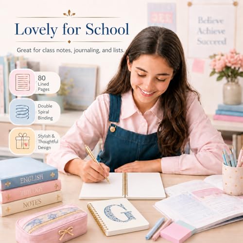 Blue Cute Initial Notebook Journal Diary Libretas Escolares G, Cute Preppy Personalized Notebook Gifts for Women Teen Girls Kids,Preppy Blue Aesthetic School Supplies for Girls 5.5x8.3