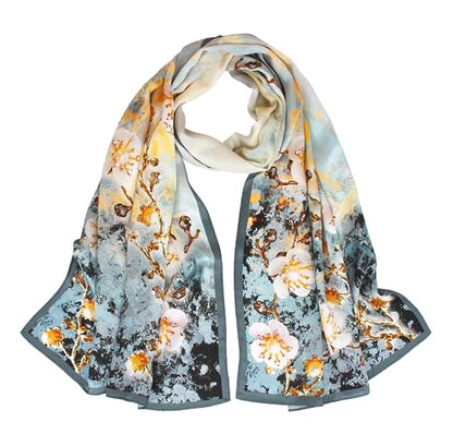 100% Mulberry Silk Long Scarf for Women Large Shawls for Headscarf and Neck- Oblong Hair Wraps with Gift Packed - color: Gold&blue