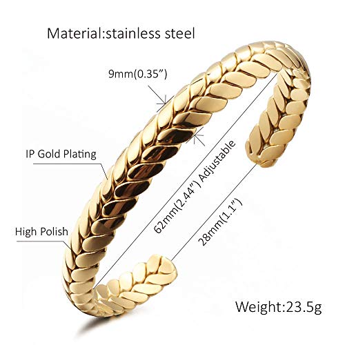 Stainless Steel Cuff Bracelet, Wide Open Adjustable Wheat Bracelets, Weave Style Bangle Wrap Jewelry for Women