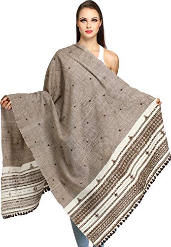 Exotic India Shawl from Kutch with Embroidered Mirrors - Pure Wool - color: Monks Robe