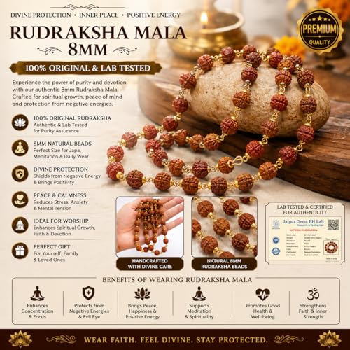 BRIJ HAAT Rudraksha Beads Mala, Golden Cap, Religious Prayer Necklace, Traditional Indian Jewelry - color: Brown