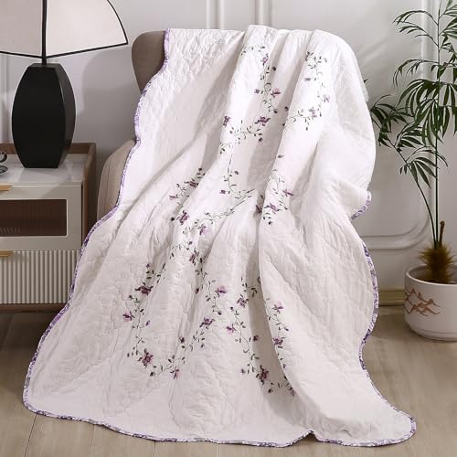 vctops 100% Cotton Quilted Throw Blanket 50x60 Inch Floral Embroidered Reversible Patchwork All Season Throw (Purple,50"x60") - color: Purple