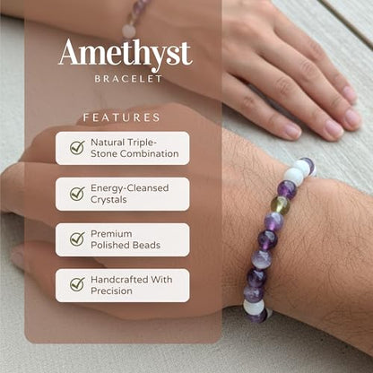 The Alchemist's Arcanum Adjustable Beaded Wrist Accessory for Men and Women, Stretch Fit Stone Bead Jewelry for Daily Wear and Gifting - color: Amethyst + Rainbow Moonstone + Smoky Quartz
