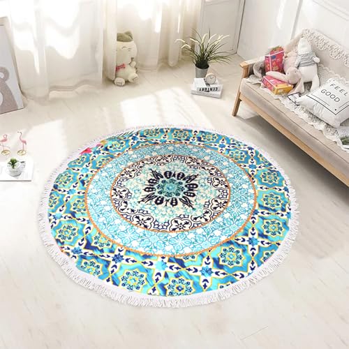 Pafusen Round Mandala Beach Towel Blanket/Boho Hippie Tapestry, Roundie Yoga Meditation Mat Picnic Rug, Bohemian Table Cloth with Tassels, Terry Towel Material, 60 inch Cute Towels, Gifts for Women