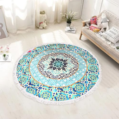 Pafusen Round Mandala Beach Towel Blanket/Boho Hippie Tapestry, Roundie Yoga Meditation Mat Picnic Rug, Bohemian Table Cloth with Tassels, Terry Towel Material, 60 inch Cute Towels, Gifts for Women