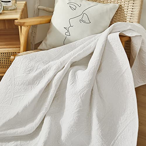 Brandream White Quilt Throw Blanket Cotton Throw Blanket for Bed Couch Day Bed Cover Solid Decorative Blankets 47 X 60 Inch