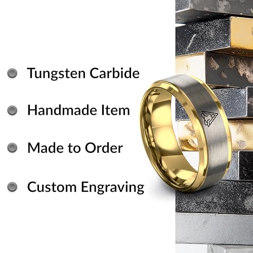 Gift for Yoga Fan - Yoga Meditation Ring - Flat Dome Bevel - Band - Men Women - Brushed Polished - Tungsten - Personalized Custom Engraving - 8mm - Anniversary Wedding - Yellow Rose Gold Silver - color: 09 - Yellow Gold Grey Tungsten
