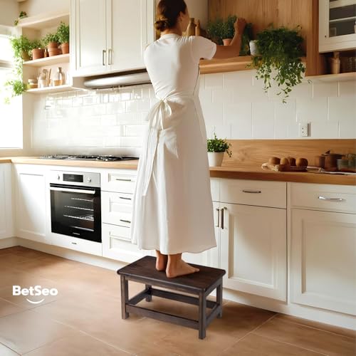 Wooden Step Stool (16.5" Dx12 Wx9 H) Bed Steps for High Beds for Adults - Natural Solid Wood One Step Stool, Heavy Duty- Holds up to 600Lbs- Perfect Safety (9in Height-Walnut)