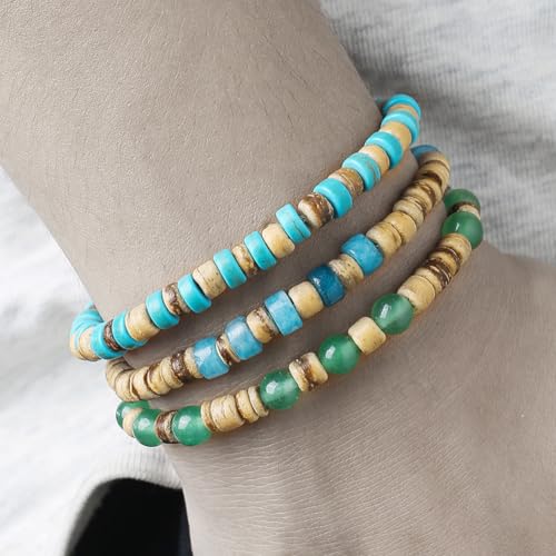 Puka Shell Bracelet for Men Wooden Bracelets Turquoise Stack Beaded Minimalist Trendy Jewelry for Friend Gift - style: 3pcs-Turquoise