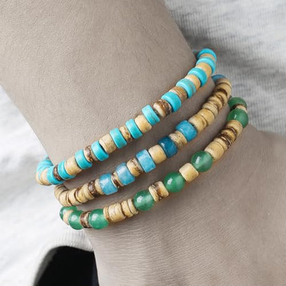 Puka Shell Bracelet for Men Wooden Bracelets Turquoise Stack Beaded Minimalist Trendy Jewelry for Friend Gift - style: 3pcs-Turquoise