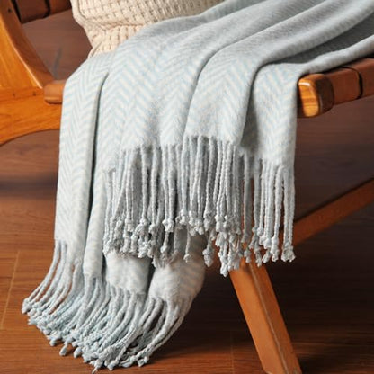 CUDDLE DREAMS Silk Throw Blanket with Hand-Knotted Fringe, Natural, Soft & Breathable (Herringbone Blue) - color: Herringbone Blue