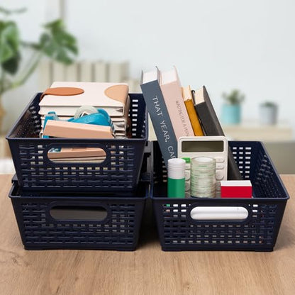 Tiawudi Stackable Woven Plastic Basket, Storage Bins for Cabinet, Closet, Shelf, Under Sink and Countertop, Pantry Organizer Bins, 6 Pack - color: Dark Blue