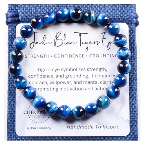 Cherry Tree Collection – Handmade Crystal Bracelets with Black Obsidian, Tiger’s Eye and 6 Other Gemstones for Men & Women – 8mm Beaded Bracelet for Healing, Protection & Positive Energy–Sizes S/M/L - color: Jade Blue Tiger's Eye, size: Small