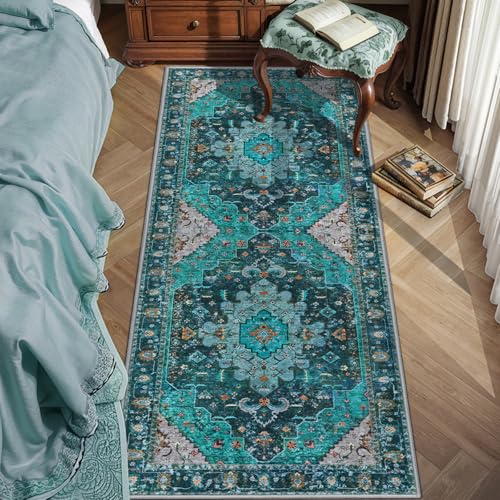 Ciicool Entryway 2x5 Runner Rug, Small Throw Runners for Kitchen Bedroom Bathroom Laundry Room, Vintage Home Decor & Non-Slip Low-Pile Washable Stain Resistant Indoor Carpet - color: Teal/Multi, size: 2' X 5' (Runner)