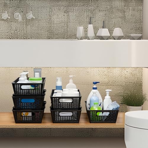 Tiawudi Stackable Woven Plastic Basket, Storage Bins for Cabinet, Closet, Shelf, Under Sink and Countertop, Pantry Organizer Bins, 6 Pack - color: Black