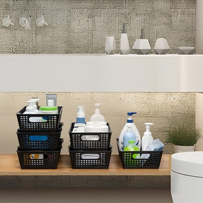 Tiawudi Stackable Woven Plastic Basket, Storage Bins for Cabinet, Closet, Shelf, Under Sink and Countertop, Pantry Organizer Bins, 6 Pack - color: Black