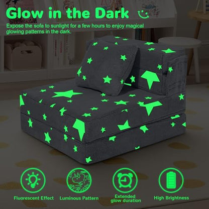 MeMoreCool Kids Tri-Fold Sofa Bed – Glow Star Floor Mattress & Foldable Futon Chair Convertible Toddler Couch | Soft Plush Lounge Mat | Playroom Furniture | Includes Pillow - color: Star