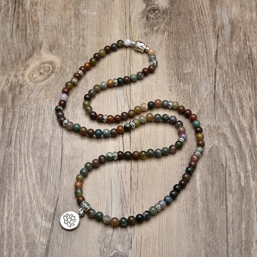 6mm 108 Mala Beads Bracelet, Yoga Zen Necklace with Buddha and Lotus Charm for Prayer - style: Indian Agate