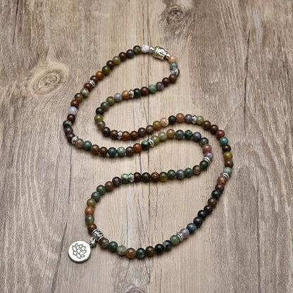 6mm 108 Mala Beads Bracelet, Yoga Zen Necklace with Buddha and Lotus Charm for Prayer - style: Indian Agate