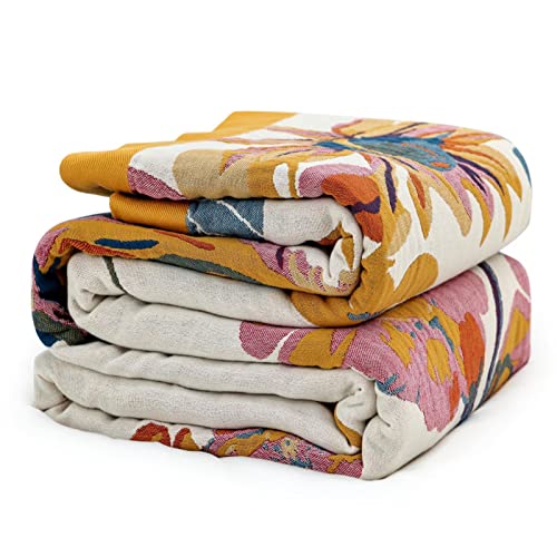 MSGKV Boho Throw Blanket Queen Size 90"x90" Cotton Blanket for Bed Summer Breathable Throw Blanket for Living Room Home Decorative - color: D-flower and Butterfly, size: 90"x90"