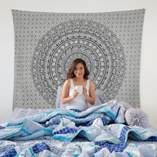 Craft Trade Indian Cotton Mandala Wall Hanging Tapestry for Aesthetic Boho Hippie Living Room, Meditation & Bedroom Décor - Black and white (84X90 Inches) - color: Black and White, size: 84"L x 90"W