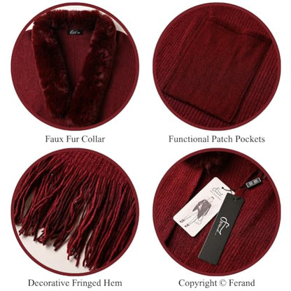 Ferand Shawl Wraps for Women, Cozy Lightweight Poncho Cape with Pockets, Warm for Fall Winter Travel - color: Dark Red With Faux Fur Collar