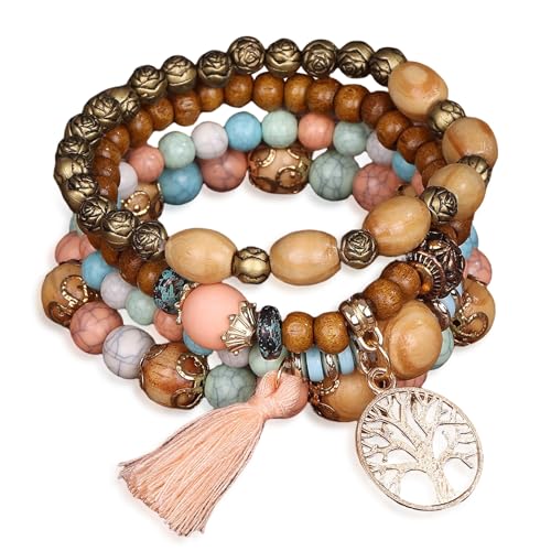 Stackable Stretch Bracelets for Women Tree of Life Bead Bracelet Boho Jewelry - color: 1-Tree-Light Color