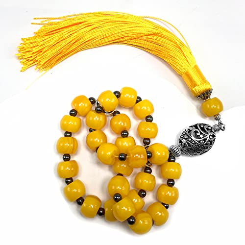 Mala Prayer Beads - Mala Necklace - Tibetan Mala Prayer Beads Meditation Beads Yoga Necklace - color: (POCKET MALA)-Yellow Resin Cylinder -13X9 mm- 27 Beads
