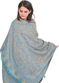 Exotic India Women Reversible Jamawar Wool Shawl with Woven Flowers | Ethnic Beautiful Floral Weave Stole, Dupatta - color: Baltic Blue