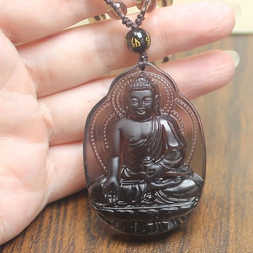 Natural black ice obsidian sakyamuni buddha Herbalist medicine buddha necklace Amulet pendant bead with adjustable chain for women or men