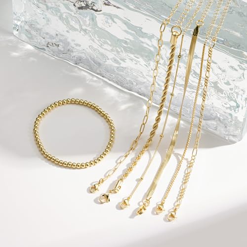 M MOOHAM 7PCS Gold Bracelets for Women - 14K Real Gold Plated Beaded Bracelets Set Rope Paperclip Chain Stackable Bracelet Non Tarnish, Friendship Birthday Jewelry Gifts for Women Teen Girls