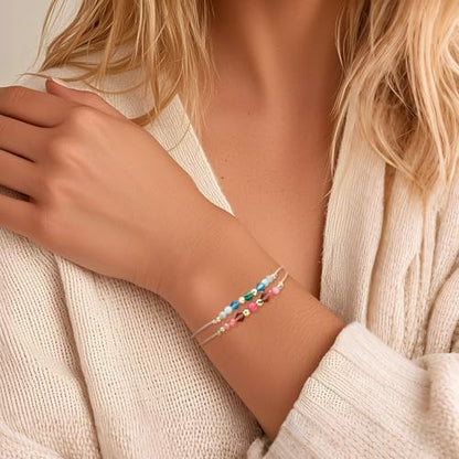 Colorful Natural Stone Beads Bracelets Set for Women, Boho Handmade Adjustable Stackable Gold Beaded Strand Bracelet Fashion Jewelry Gift.