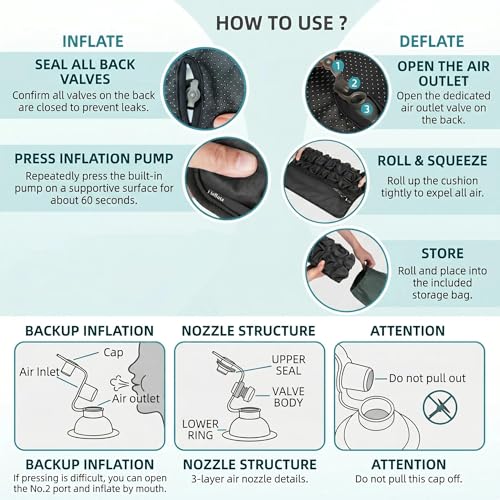 Inflatable Travel Seat Cushion for Airplane - Portable Air Pad with Built-in Pump for Long Flights & Car Rides - Ergonomic Tailbone Pain Relief for Office Chair, Wheelchair, Stadium