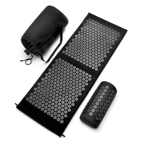 Sivan Health and Fitness Acupressure Mat and Pillow Set - Grounding Mat for Stress, Back & Neck Pain - Acupuncture Point Massage Mat for Muscle Relaxation, Sciatica, & Meditation - Includes Carry Bag - color: Black/Black, size: XL