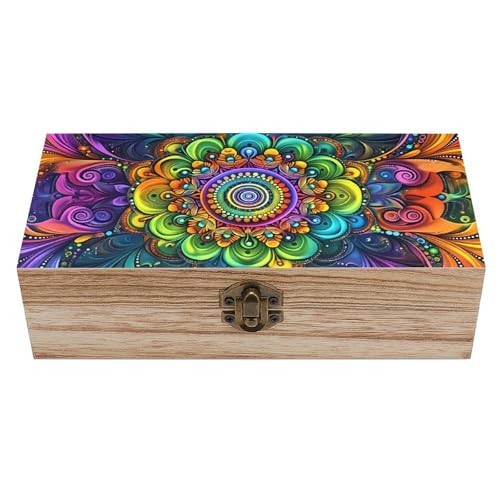 Boho Flower Wooden Storage Box (7.9" X 3.9" X 2.3"),Vintage Wooden Jewelry Box with Hinged Lid Natural Wood Keepsake Storage Boxes, Decorative Rustic Organizer for Home Decor Crafts Rings Gifts - color: Boho Flower-1